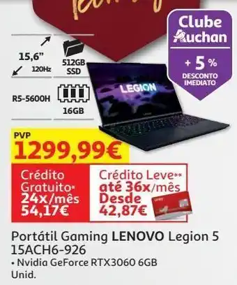 Auchan Portátil gaming lenovo legion 5 15ach6-926 promoção