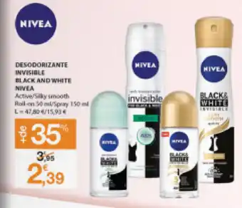 E.Leclerc Desodorizante Invisible Black and White Nivea Roll-On 50ml/ Spray 250ml promoção