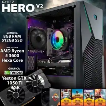 Chip7 Computador gaming - amd ryzen 5 3600 / gtx 1050 ti 4gb / 8gb ram / 512gb ssd - chip7 hero v2 promoção