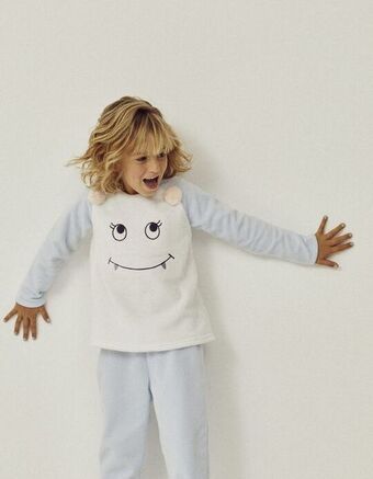Pijama de coralina para menina 'monstro', azul/branco