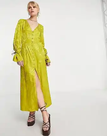 Asos Asos design button and sleeve detail midi dress in green floral jacquard promoção