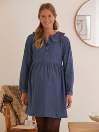 Vertbaudet Vestido com gola claudine e folho, em ganga, especial... promoção
