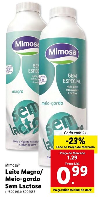 Lidl Mimosa Leite Magro/ Meio-gordo sem Lactose 1L promoção