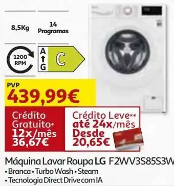 Auchan Máquina lavar roupa lg branco c 8,5kg f2wv3s85s3w promoção
