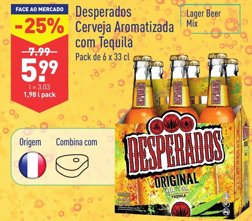 ALDI Desperados Cerveja Aromatizada com Tequila 6x33cl promoção