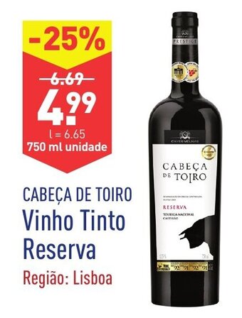 ALDI Cabeça de Toiro Vnho Tinto Reserva 750ml promoção