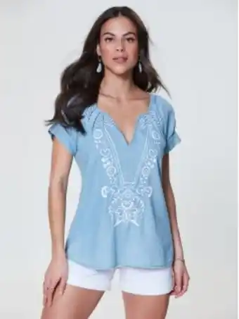 Venca Blusa bordada em cambraia denim promoção