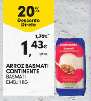 Continente Arroz Basmati Continente 1kg promoção