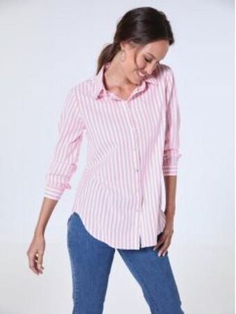 Camisa às riscas manga comprida base arredondada