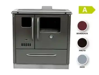 Fogão a lenha em inox com porta de vidro