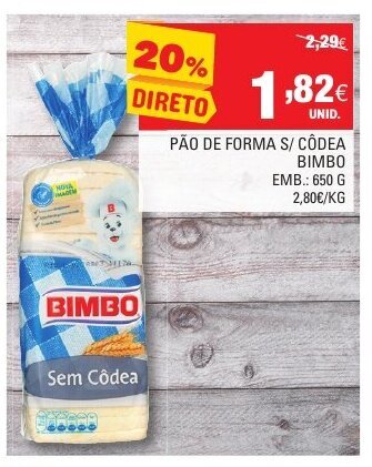 Continente Pão de Forma S/ Côdea Bimbo 650g promoção