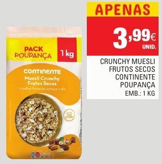 Continente Crunchy Muesli Frutos Secos Continente Poupança 1kg promoção