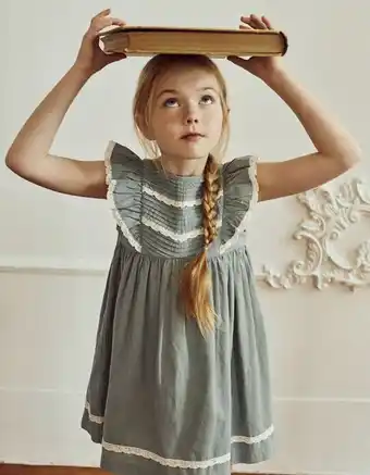 Zippy Vestido de algodão com plissado e renda para menina, verde promoção