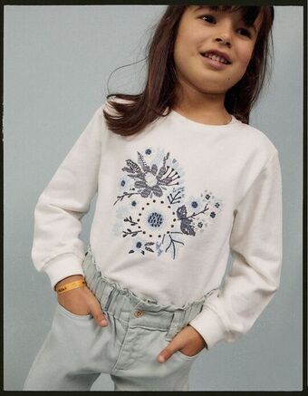 Sweat de algodão com bordados de flores para menina, branco