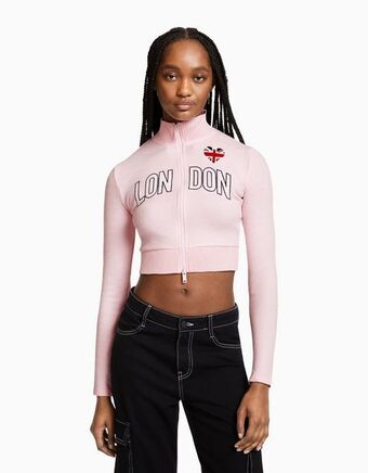 Bershka Cardigan manga comprida bordado zip promoção