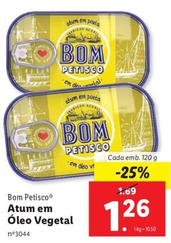 Lidl Bom Petisco Atum em Óleo Vegetal 120g promoção