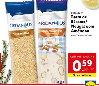 Lidl Eridanous Barra de Sésamo/Nougat com Amêndoa 60g/70g promoção
