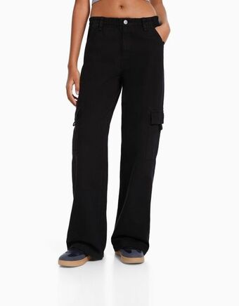 Bershka Calças cargo straight sarja borracha cintura promoção