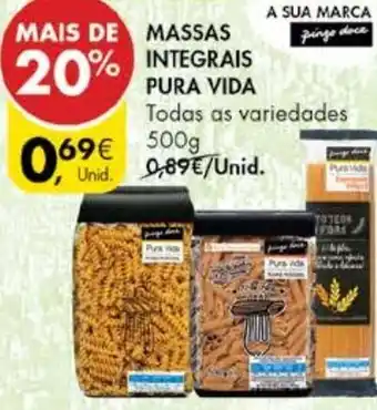 Pingo Doce Massas Integrais Pura Vida 500g promoção
