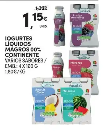 Continente Iogurte Líquido Magros 00% Continente 4x160g promoção