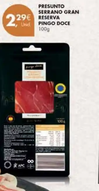 Pingo Doce Presunto Serrano Gran Reserva Pingo Doce 100g promoção