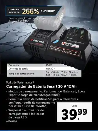 Lidl Parkside Performance Carregador de Bateria Smart 20V 12 Ah promoção