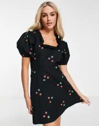 Miss selfridge poplin mini dress in black with floral embroidery