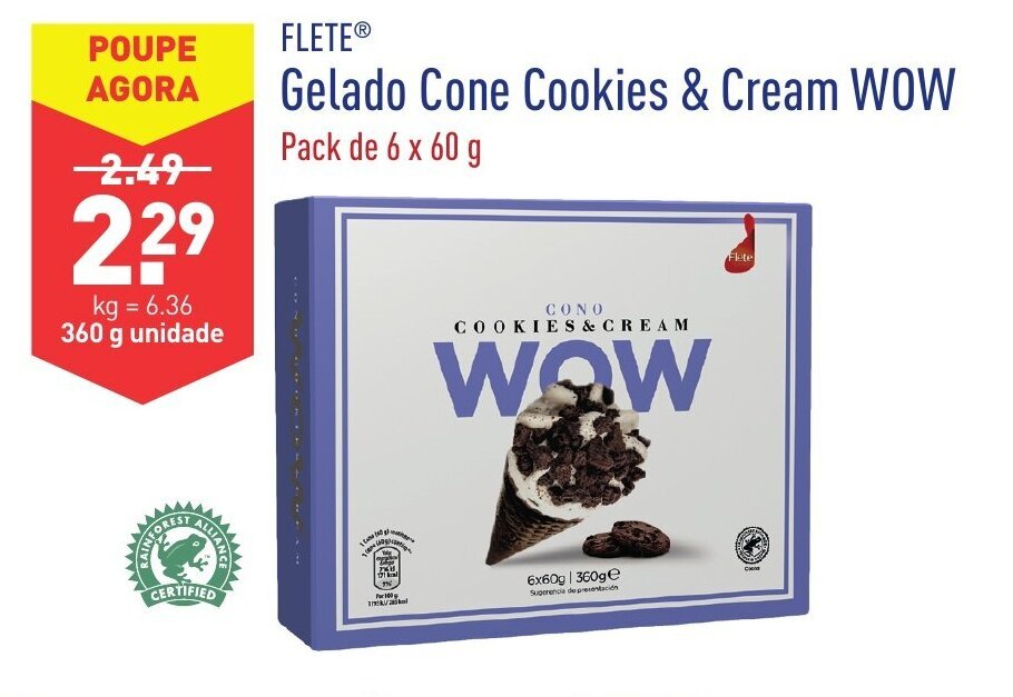Promoção Flete Gelado Cone Cookies & Cream WOW 6x60g em ALDI