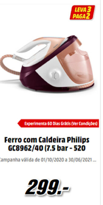 MediaMarkt Ferro com Caldeira Philips GC8962/40(7.5 bar - 520) promoção
