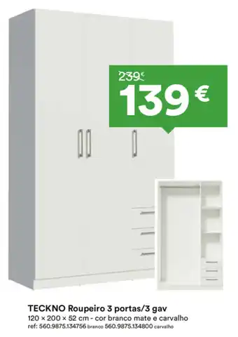 Moviflor TECKNO Roupeiro 3 portas/3gav 120x200x52cm promoção