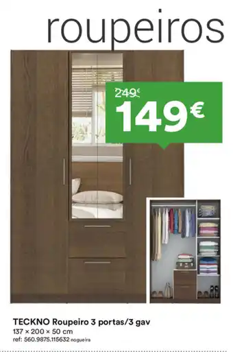 Moviflor TECKNO Roupeiro 3 portas/3gav 137x200x50cm promoção