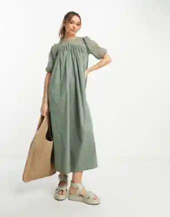 Asos Asos design crochet sleeve and neck detail midi smock dress in sage green promoção