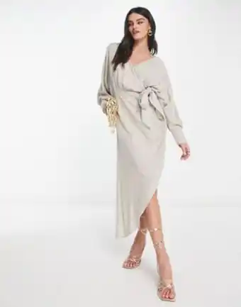 Asos Asos design linen batwing tie side midi dress with asymmetric skirt in natural promoção