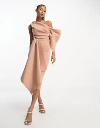 Asos Asos design off shoulder pencil midi dress with ruffle detail in camel promoção