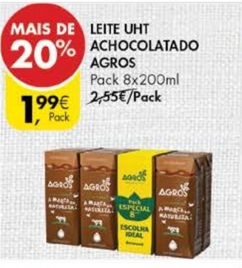 Pingo Doce Leite UHT Achocolatado Agros Pack 8x200ml promoção