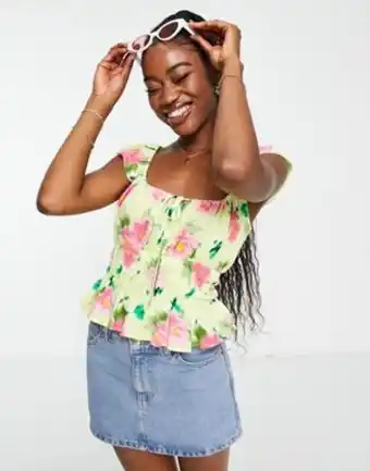 Asos design frill sleeve top with channel waist detail in green & rose print