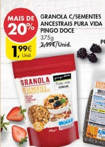 Pingo Doce Granola C/Sementes Ancestrais Pura Vida Pingo Doce 375g promoção