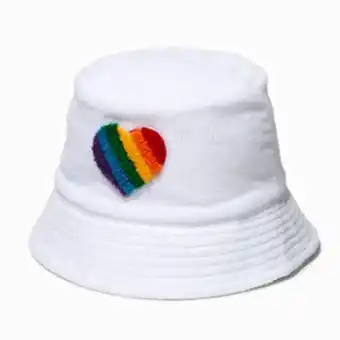 Claire's Rainbow stripe heart white terry bucket hat promoção