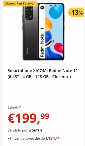 Worten Smartphone XIAOMI Redmi Note 11 (6.43" - 4 GB - 128 GB - Cinzento) promoção