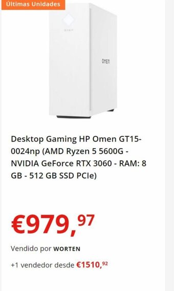 Worten Desktop Gaming HP Omen GT15-0024np (AMD Ryzen 5 5600G - NVIDIA GeForce RTX 3060 - RAM: 8 GB - 512 GB SSD PCIe) promoção