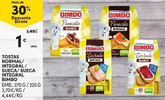 Continente Tostas Normal/Integral/Seuca/Sueca Integral Bimbo 270g/225g promoção