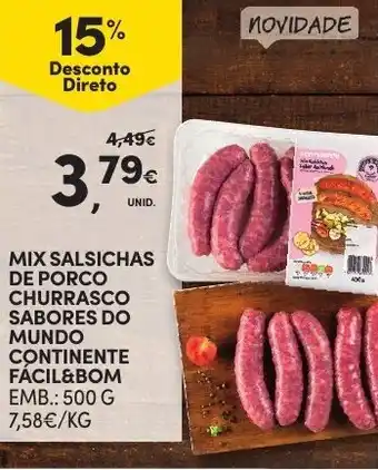 Continente Mix Salsicha de Porco Churrasco Sabores do Mundo Continente Fácil&Bom 500g promoção
