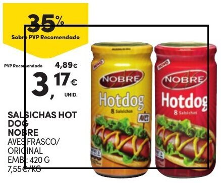 NOBRE Salsichas Hot Dog Frasco 4 un, SALSICHAS