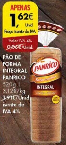 Pingo Doce PÃO DE FORMA INTEGRAL PANRICO promoção