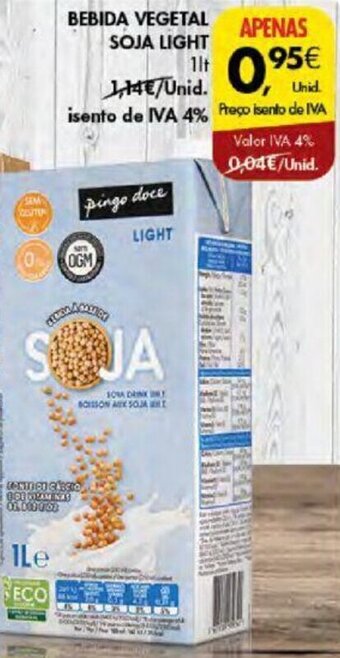 Pingo Doce BEBIDA VEGETAL SOJA LIGHT 1lt promoção