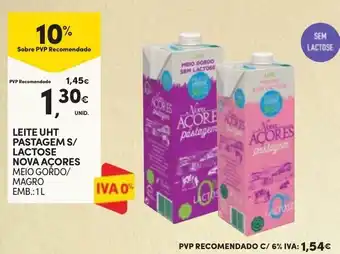 Continente LEITE UHT PASTAGEM S/ LACTOSE NOVA AÇORES MEIO GORDO/ MAGRO EMB.:1L promoção