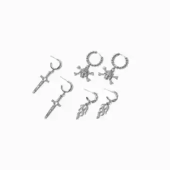 Claire's Silver skull, dagger, & flame hoop earrings - 3 pack promoção