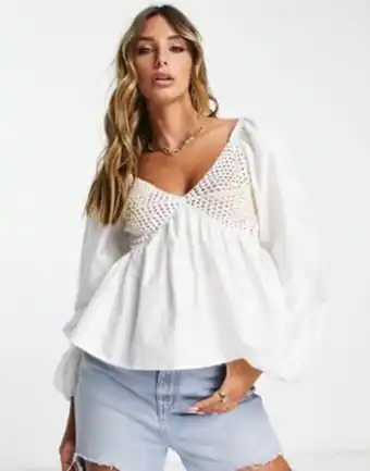Asos design v neck crochet top with frill sleeve and peplum hem in mixed pastel