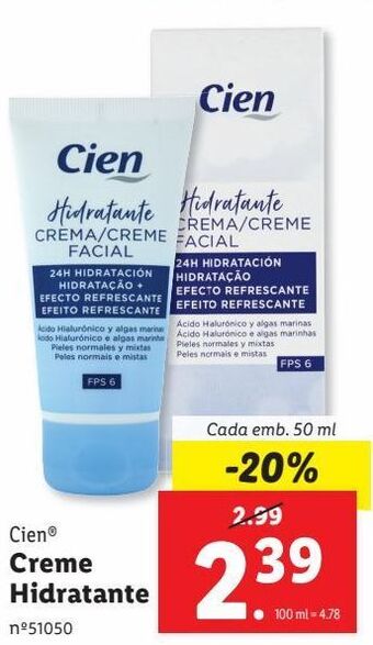 Lidl Creme hidratante cien promoção