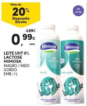Continente Leite UHT 0% Lactose Mimosa 1L promoção